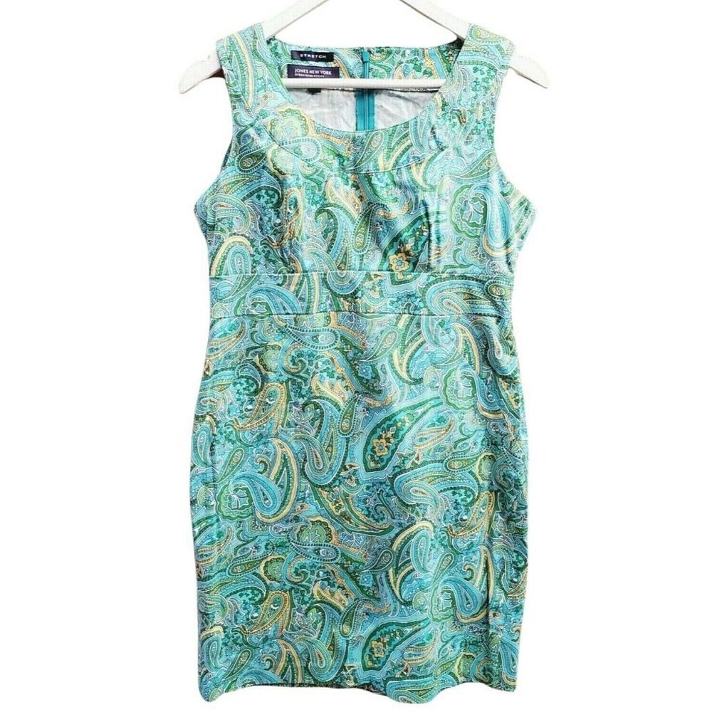 Jones New York Signature Dress Stretch Paisley Sleeveless Sheath Aqua NWT 8 P